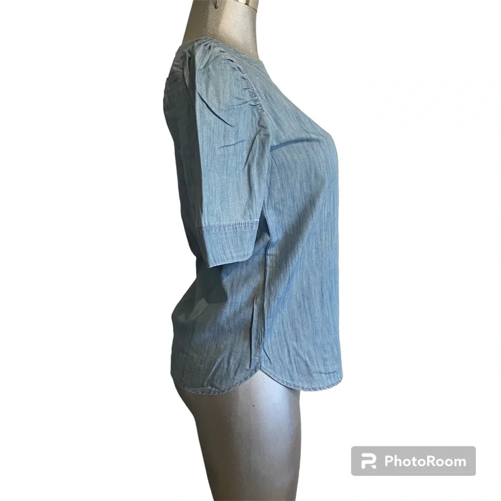 LOFT Chambray Boho Top Blouse Elbow Puff Sleeve Peasant Coastal Oversized XS